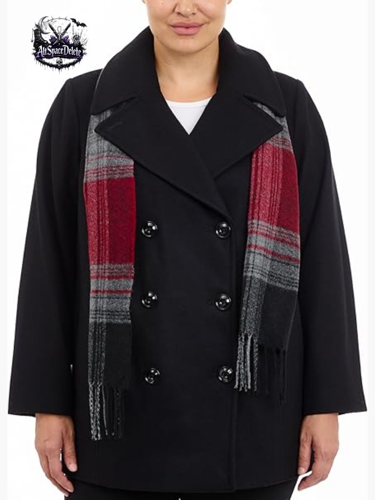 Plus Size Wool Peacoat With Scarf, Double Breasted, Long Sleeve